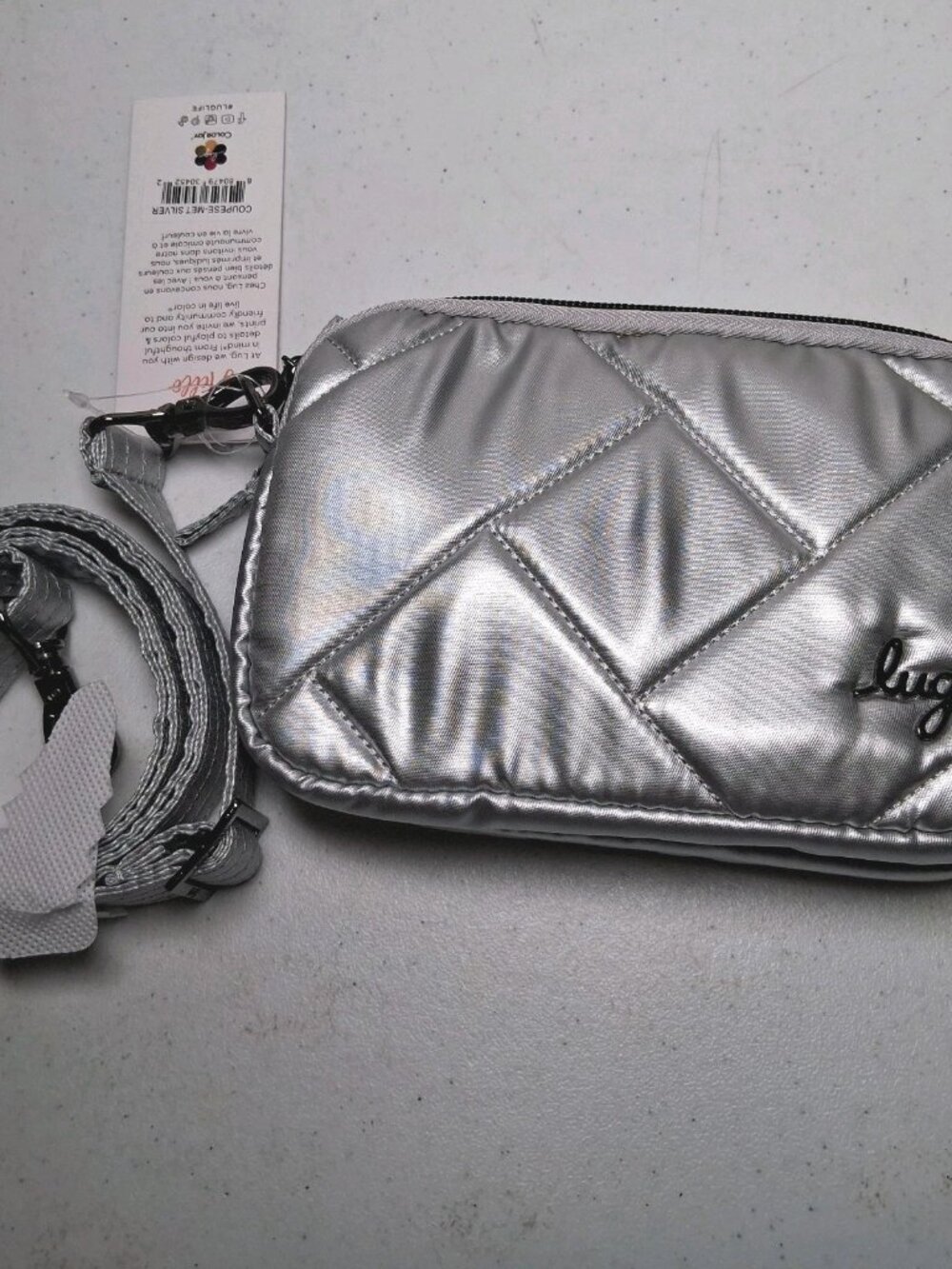 LUG Purse Coupe SE Quiled Metallic Silver Small Crossbody Bag Zipper 7" - Picture 2 of 16